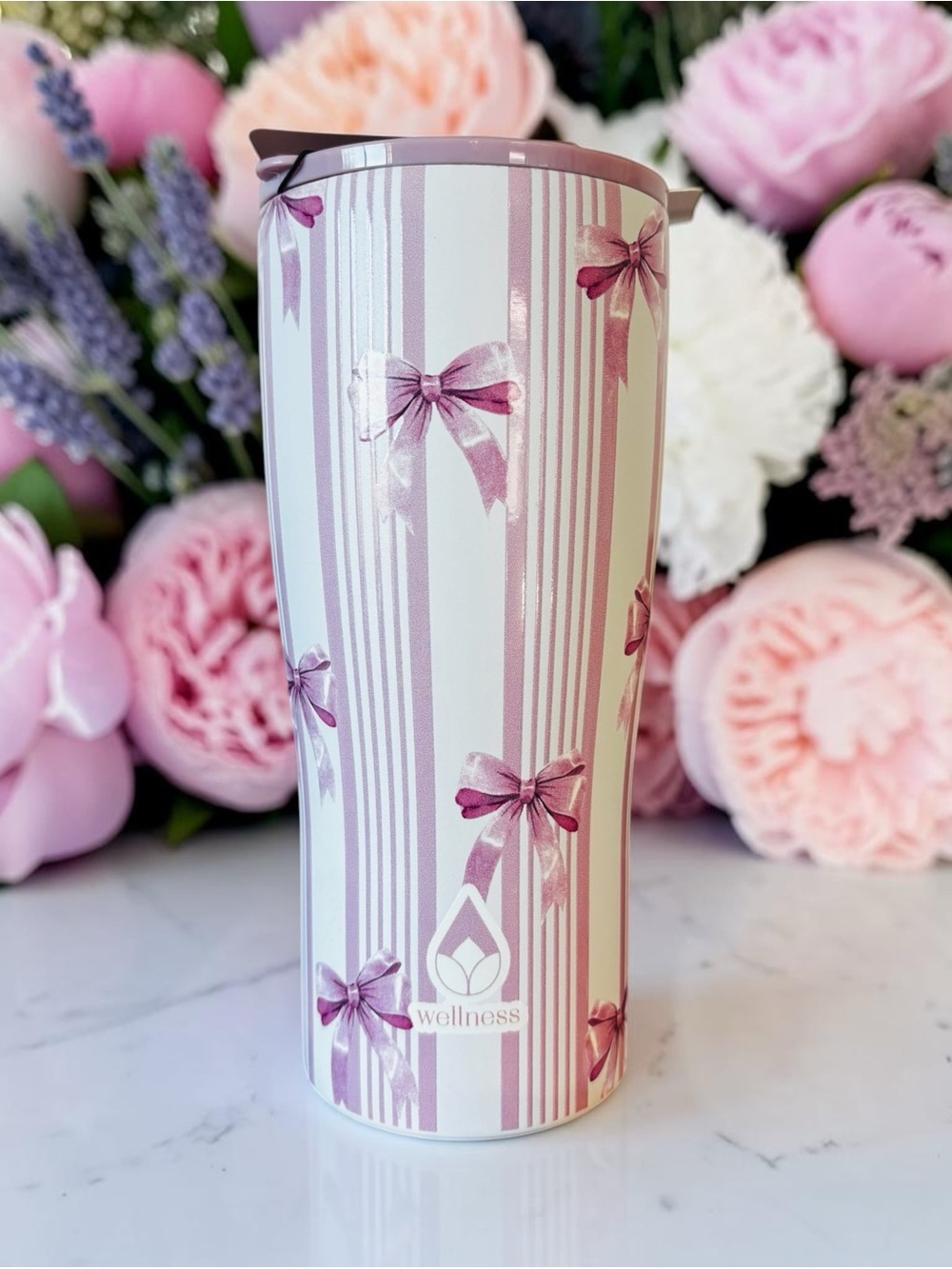Wellness Pink Bow Striped Travel Tumbler